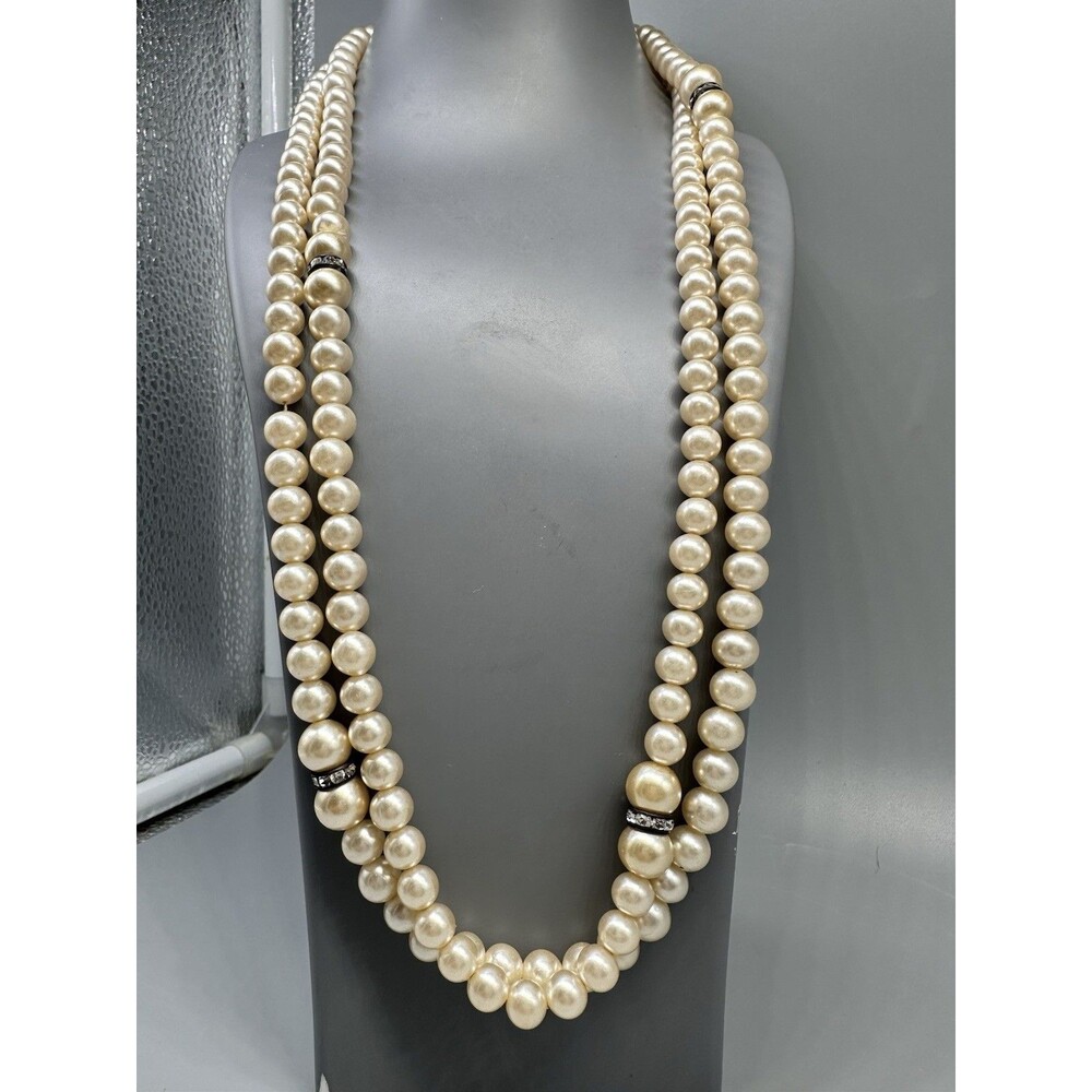 48” Faux Pearl and Crystal Rondelle Necklace Opera Length Vintage Fashion